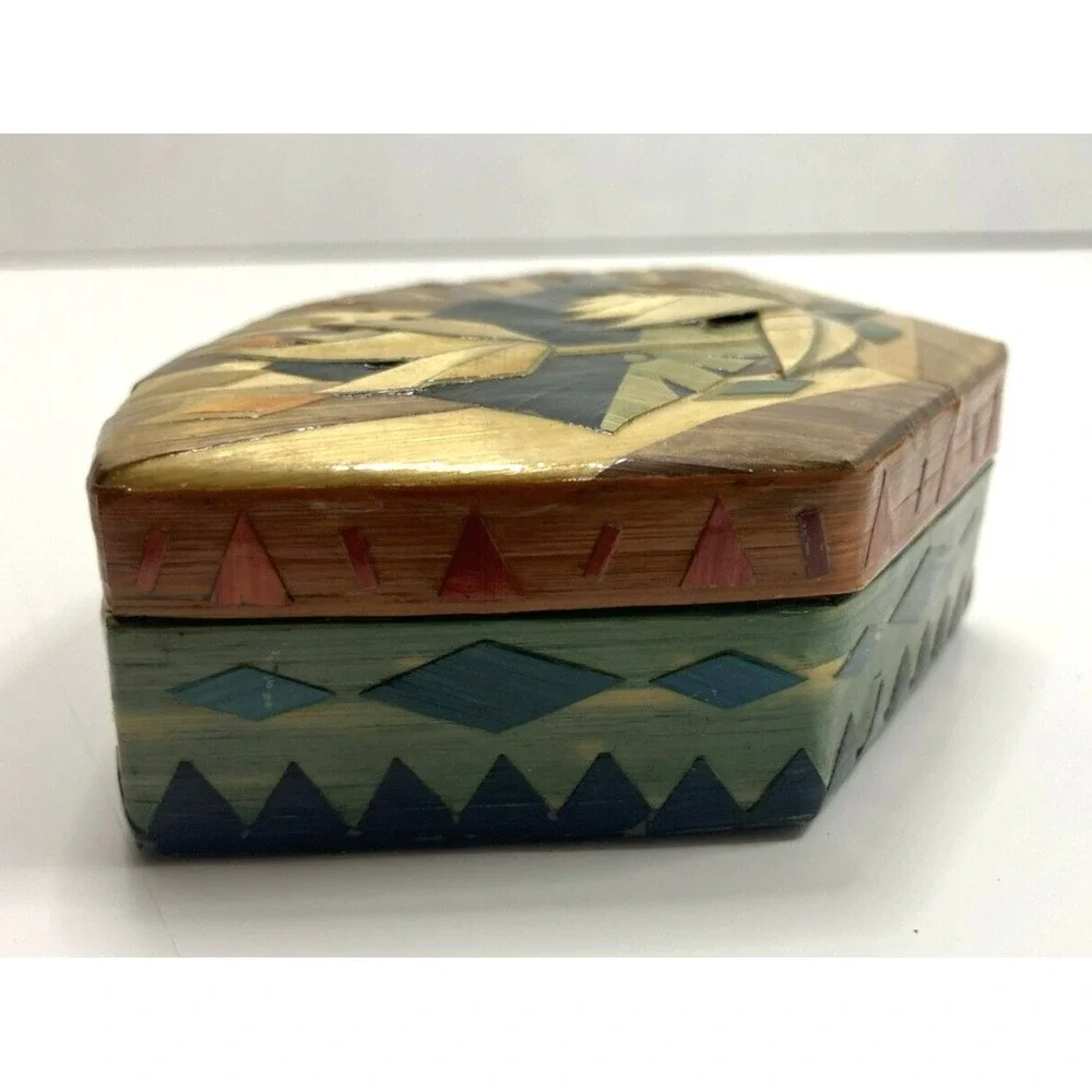 Vtg Set Of‎ 2 Handmade Nesting Trinket Boxes Lotus Flower Bamboo Inlay Lacquered